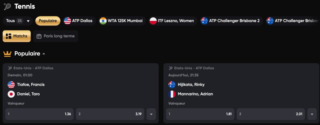 Couverture complète des tournois de tennis sur le casino Golden Panda